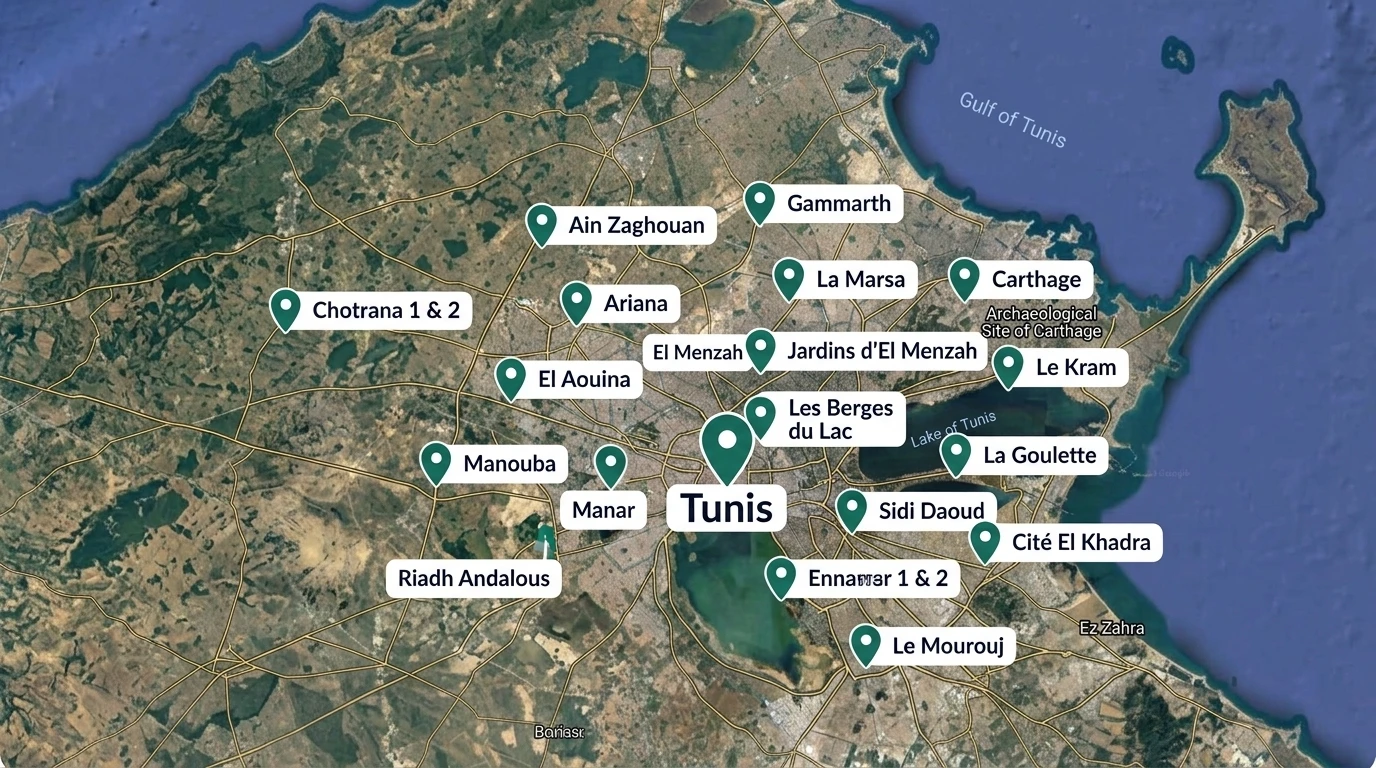 Carte de Tunis et des principales zones desservies du Grand Tunis
